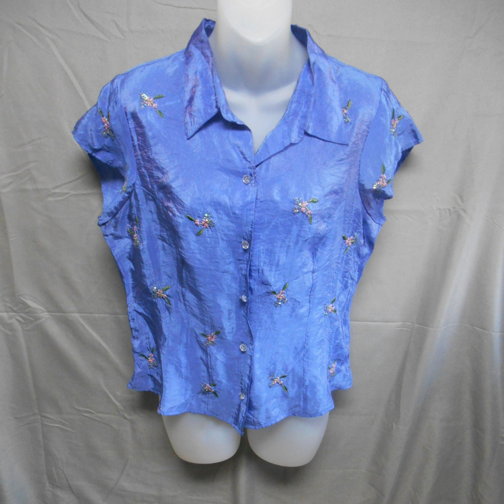 New York & Co blue embellished flowers top L